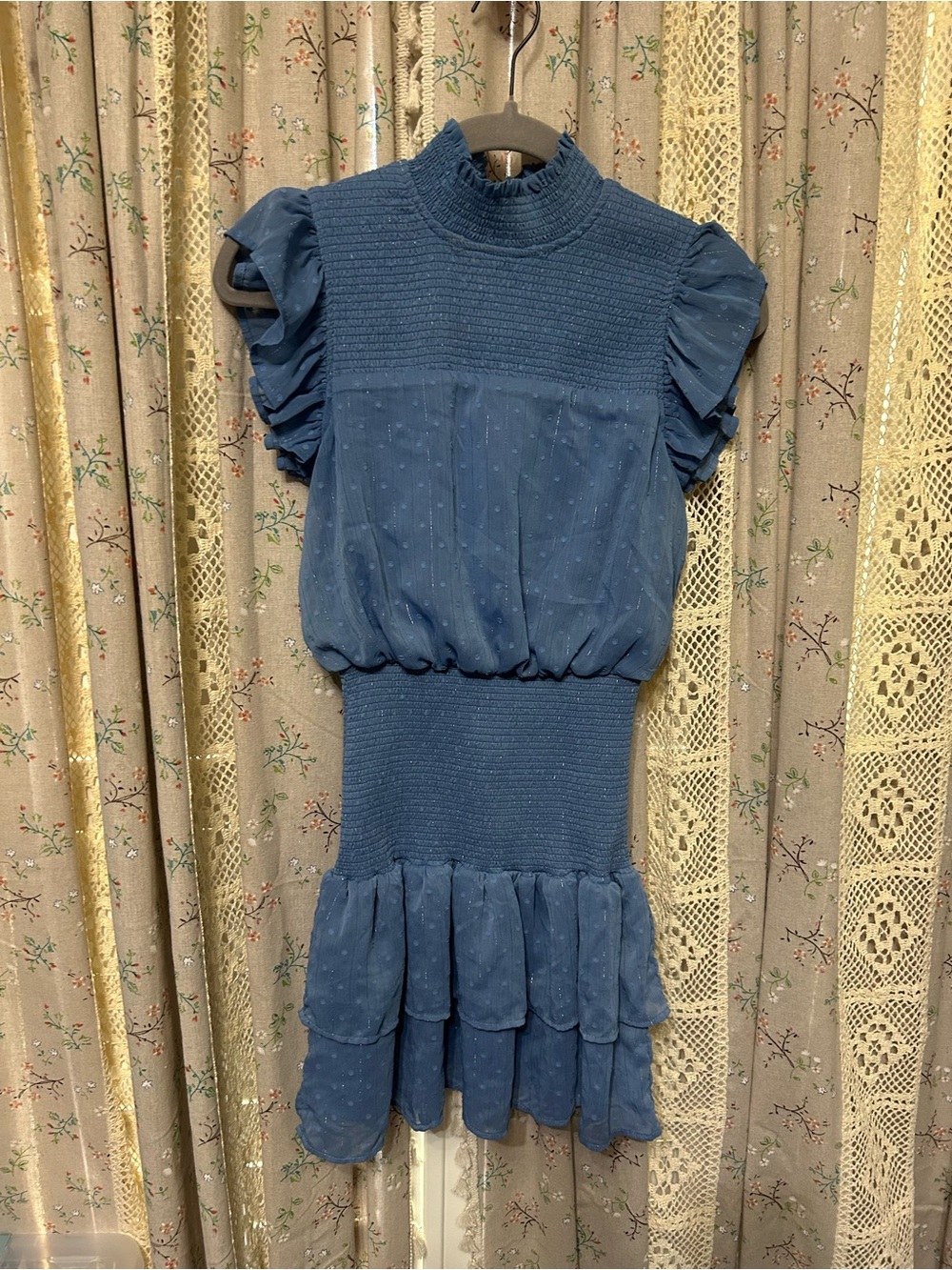 AQUA Blue‎ Swiss Dot Metallic Smocked Mock Neck Ruffle Mini Dress XS